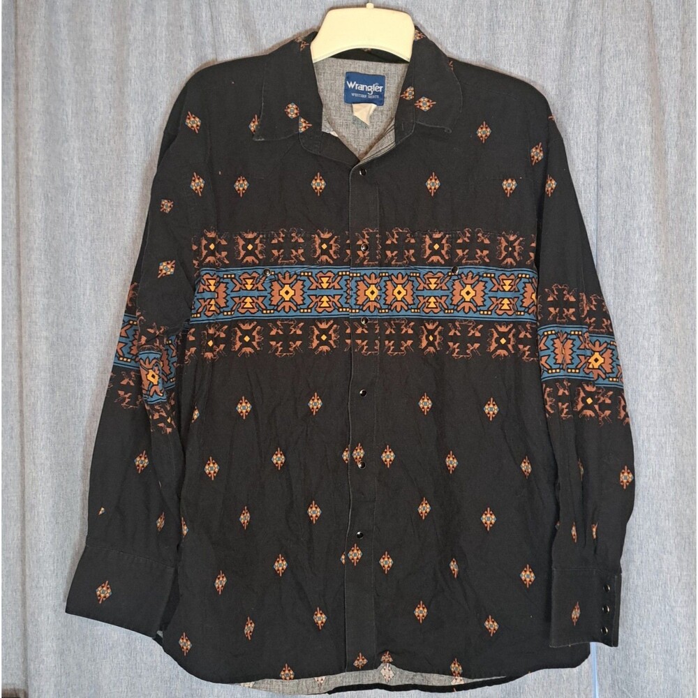 Vtg Wrangler Western Pearl Snap Long Sleeve Shirt XL 80s Aztec Native American